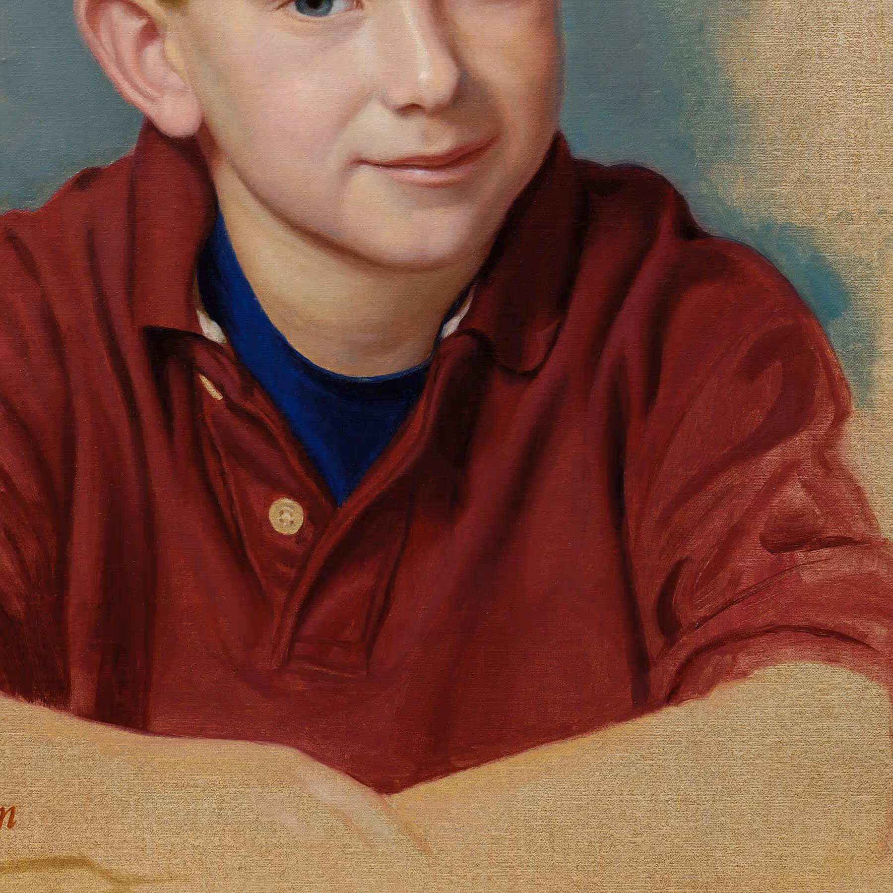Detail of Spencer’s red shirt, folded arms, and expressive brushwork within a vignette-style composition.