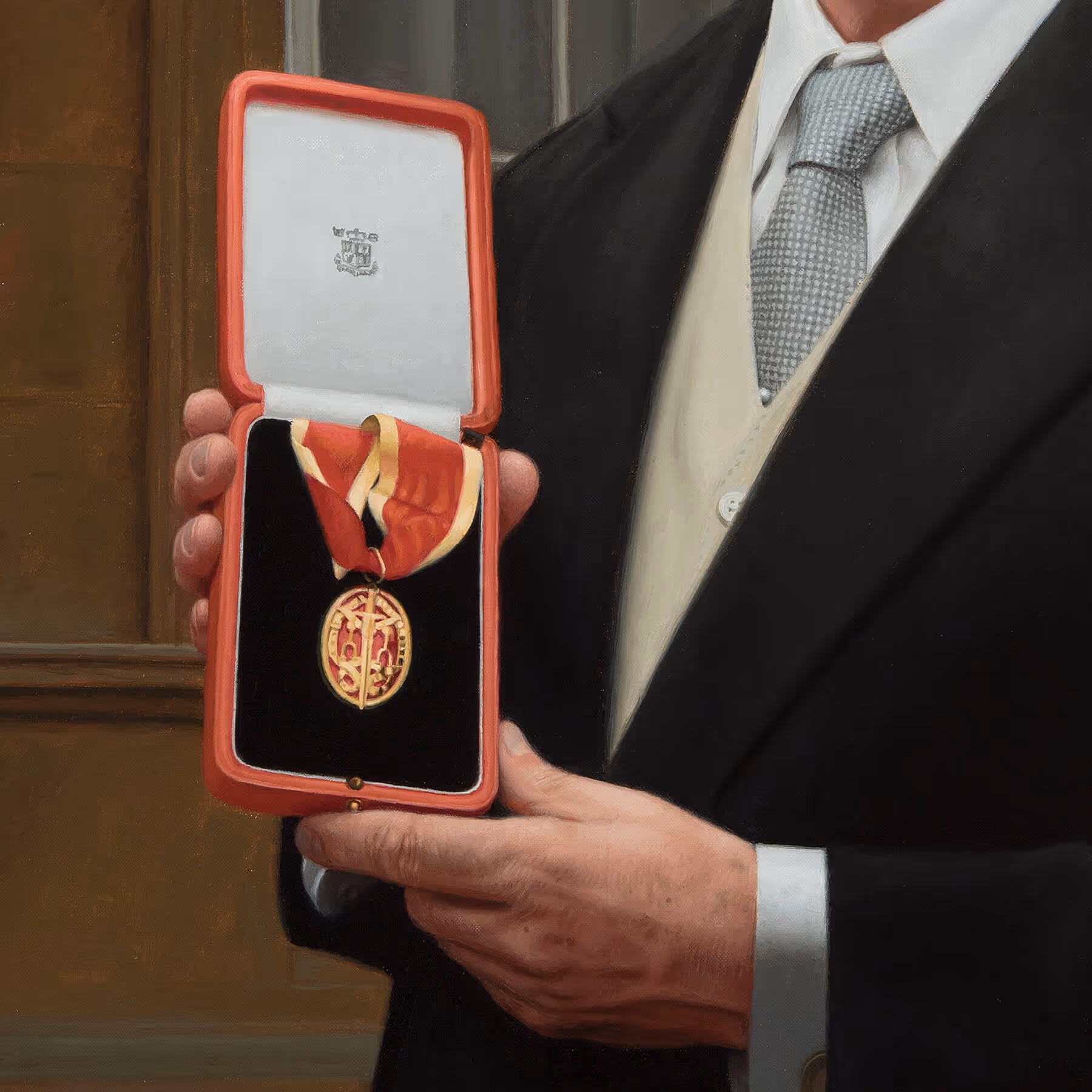 Detail of Sir Humphrey Cripps holding the insignia of his knighthood awarded by Queen Elizabeth II.