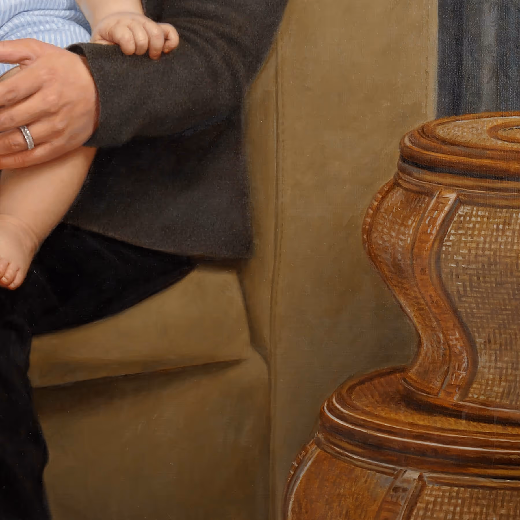 Detail of woven baskets and interior furnishings showing textured surfaces and compositional design elements.