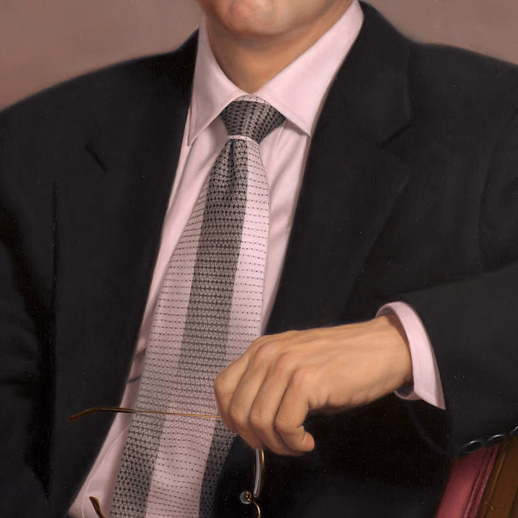 Detail of patterned tie and eyeglasses in portrait of Stephen Fishback