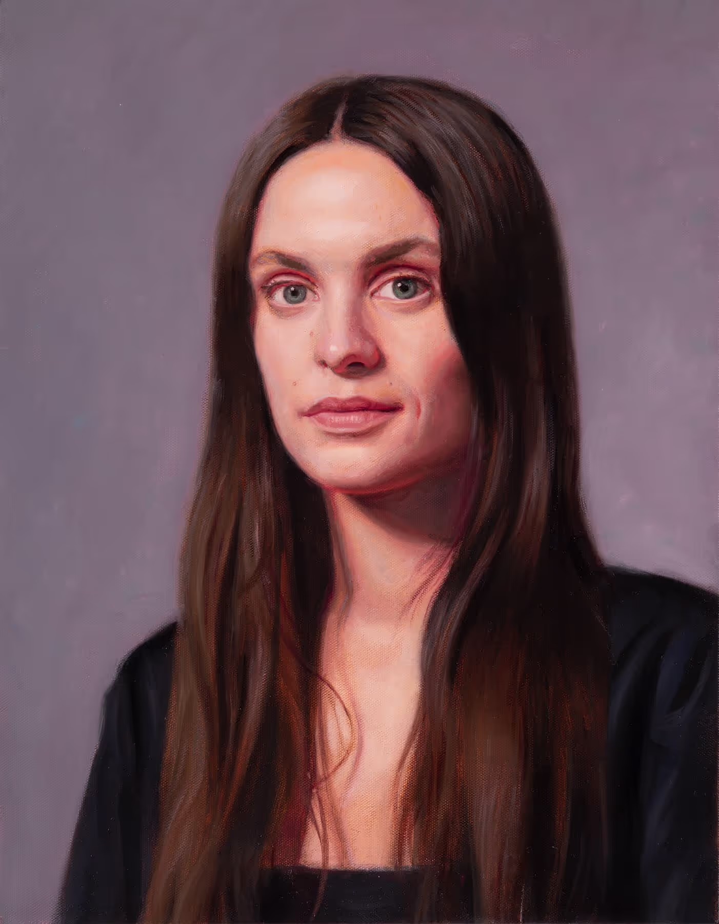 Portrait painting of Silvia with long dark hair in a head-and-shoulders composition against a muted background.