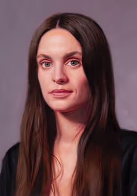 Portrait painting of Silvia by Marvin Mattelson in a head-and-shoulders composition against a muted background.