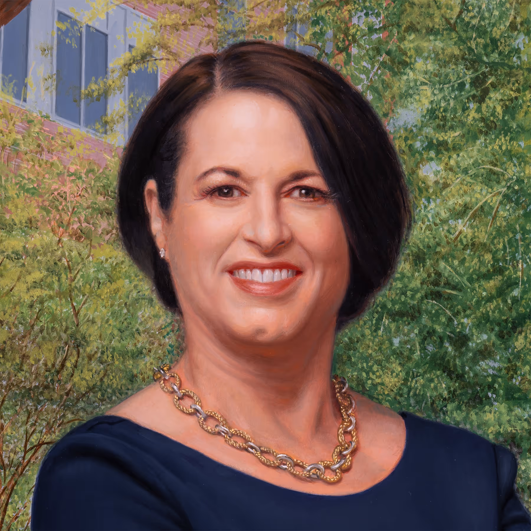 Detail of Julie Johnson standing outdoors on the University of Florida campus beneath trees.