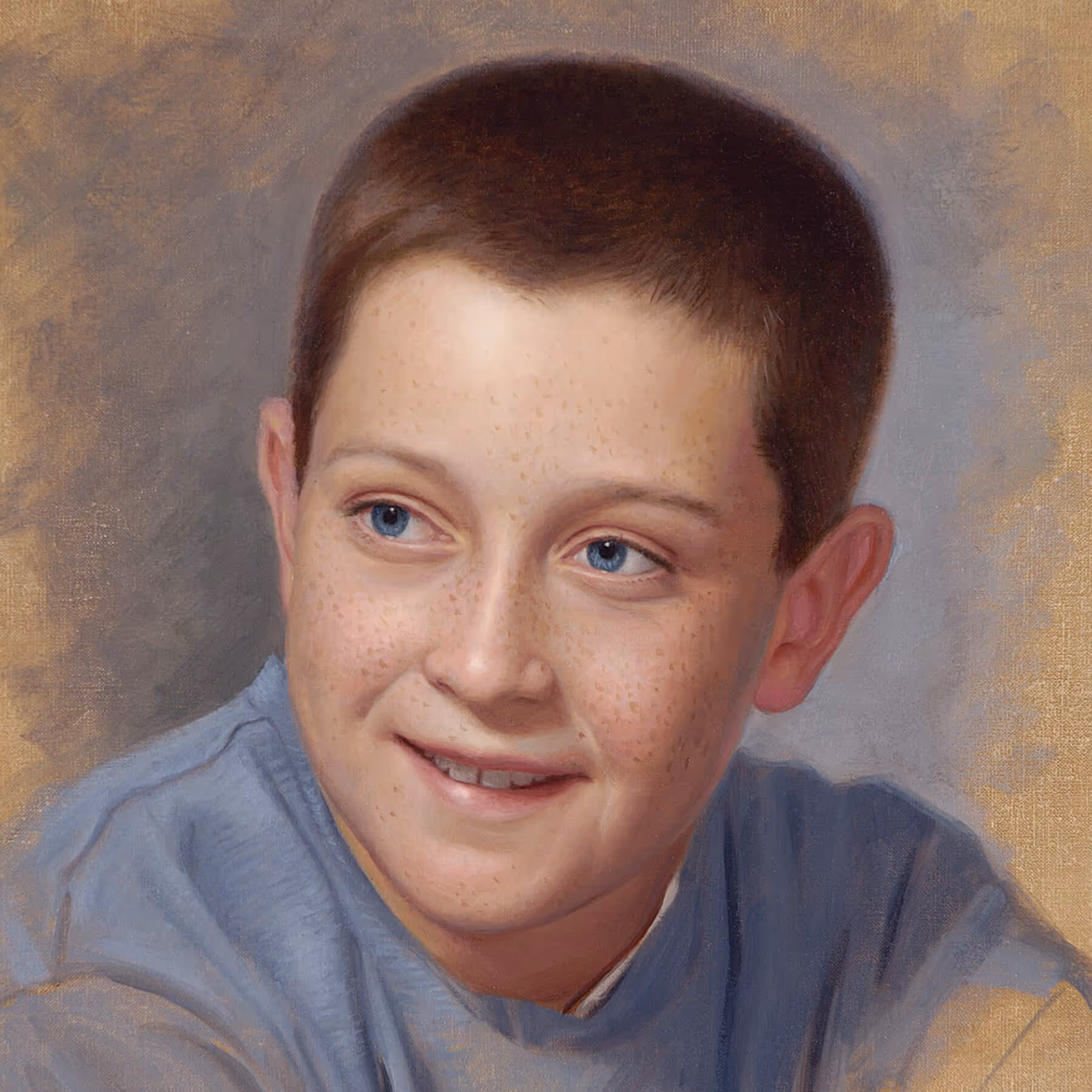 Close-up portrait detail of Jake showing freckles, blue eyes, and softly modeled facial features.