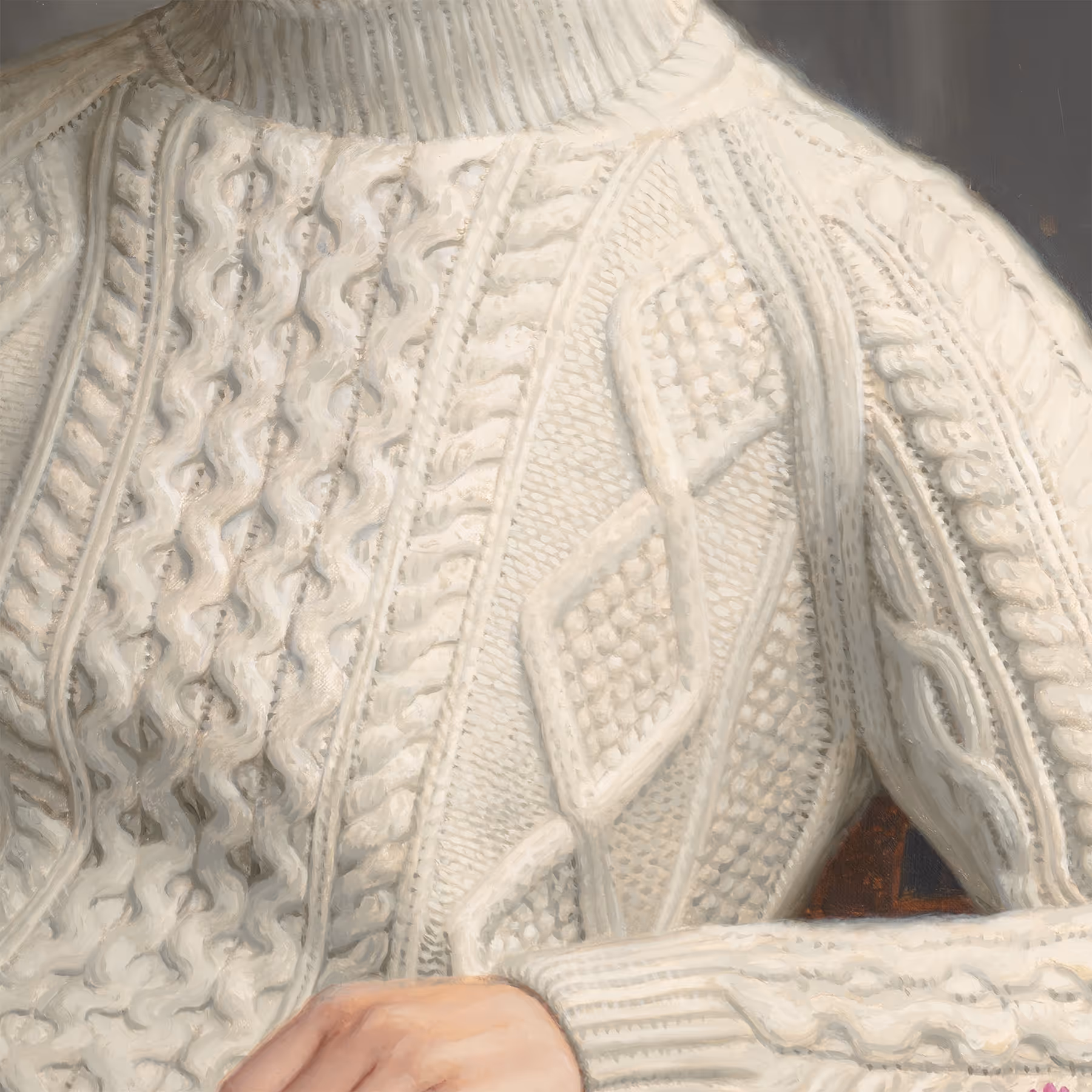 Close-up detail of the Irish fisherman’s sweater showing woven textures and refined painted surface detail.