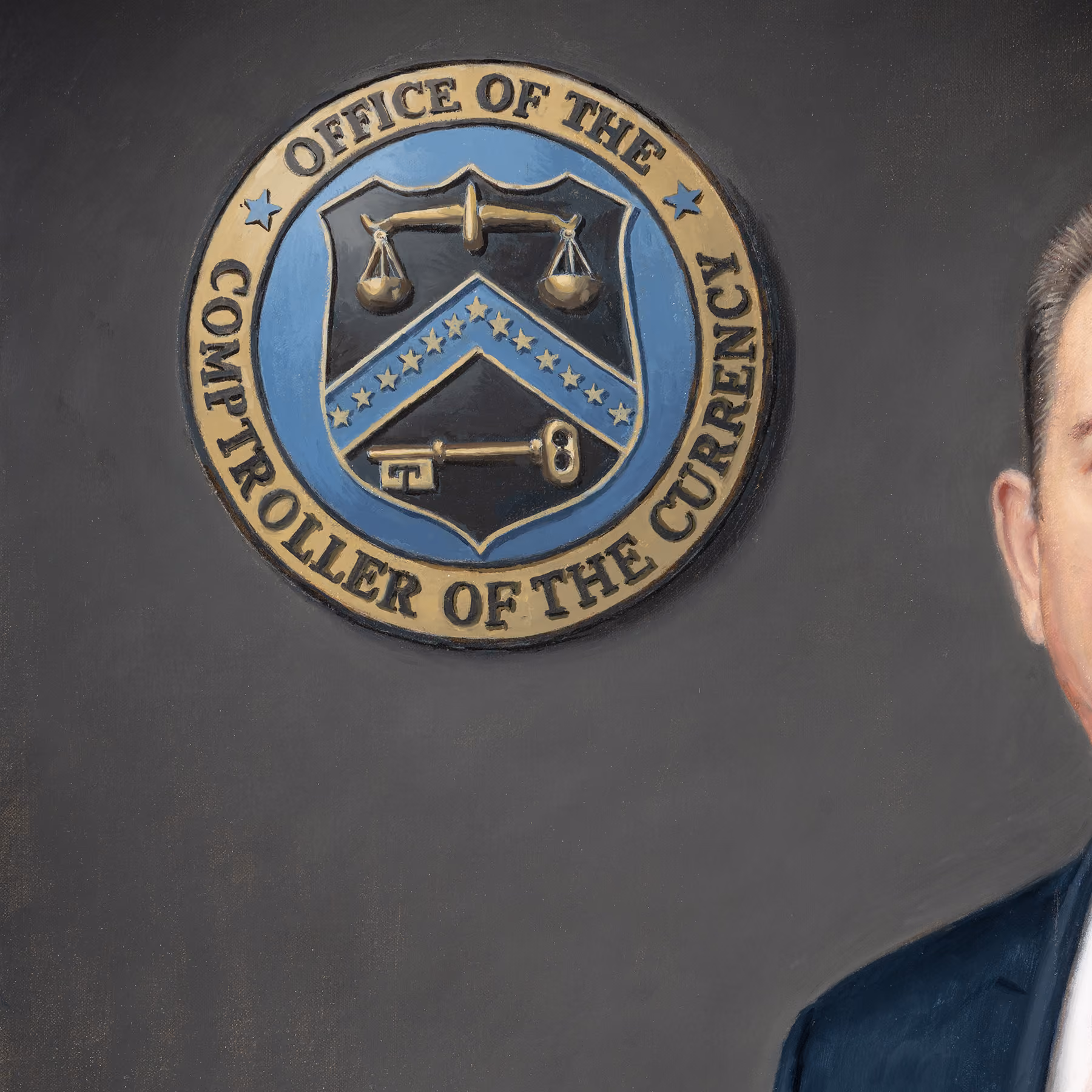 Detail of the Office of the Comptroller of the Currency seal in Joseph M. Otting's official portrait