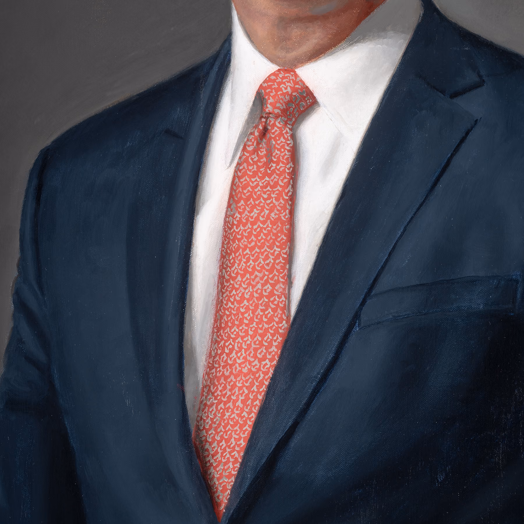 Detail of Joseph M. Otting's tie and suit in his official oil portrait by Marvin Mattelson