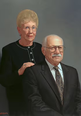 Oil portrait of Jack and Joanne Davis, parents and founders of a family business, by Marvin Mattelson.