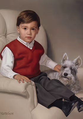 Oil portrait of a child seated with his pet schnauzer, painted by Marvin Mattelson.