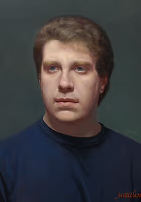 Classical oil portrait of Dan, painted primarily from life by Marvin Mattelson.