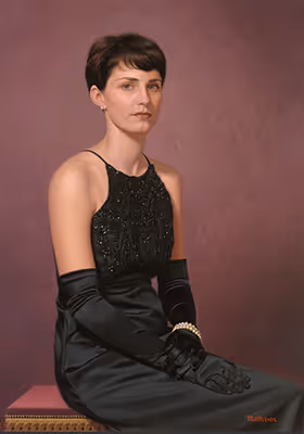 Formal women's oil portrait of Karin by Marvin Mattelson.
