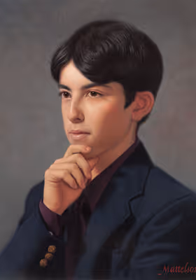 Head-and-shoulders oil portrait of Michael by Marvin Mattelson with hand resting beneath his chin in a contemplative pose.