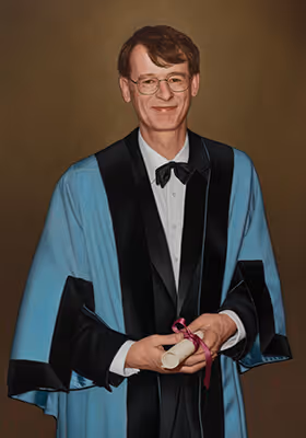 Posthumous academic oil portrait of Edward Cripps in academic regalia by Marvin Mattelson.