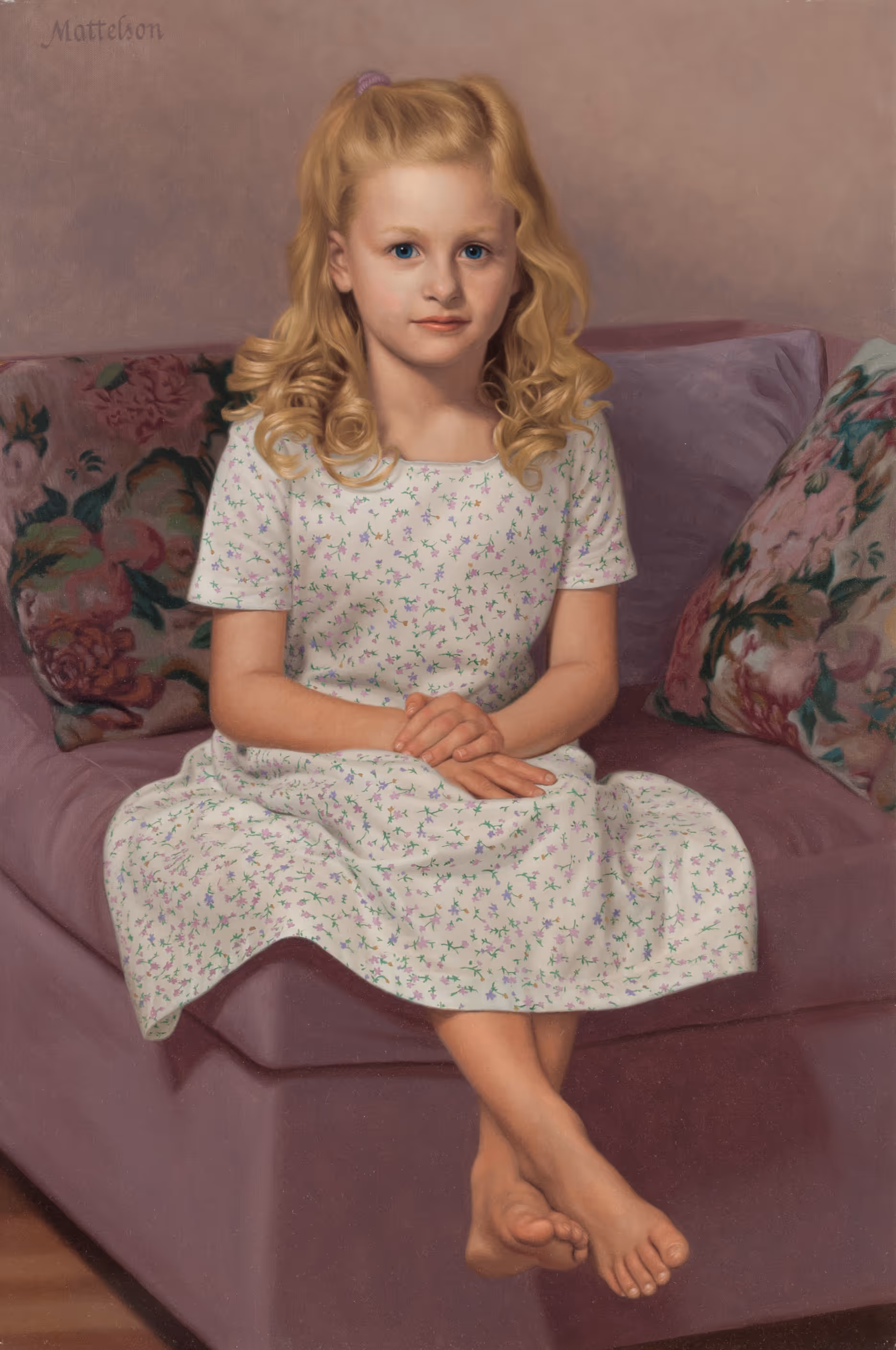 Full-length portrait of Julia seated on a mauve sofa wearing a floral dress, painted by Marvin Mattelson.