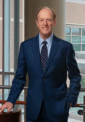 Executive oil portrait of David S. Guzick, MD, PhD, President of UF Health, commissioned to honor leadership in academic medicine and hospital development