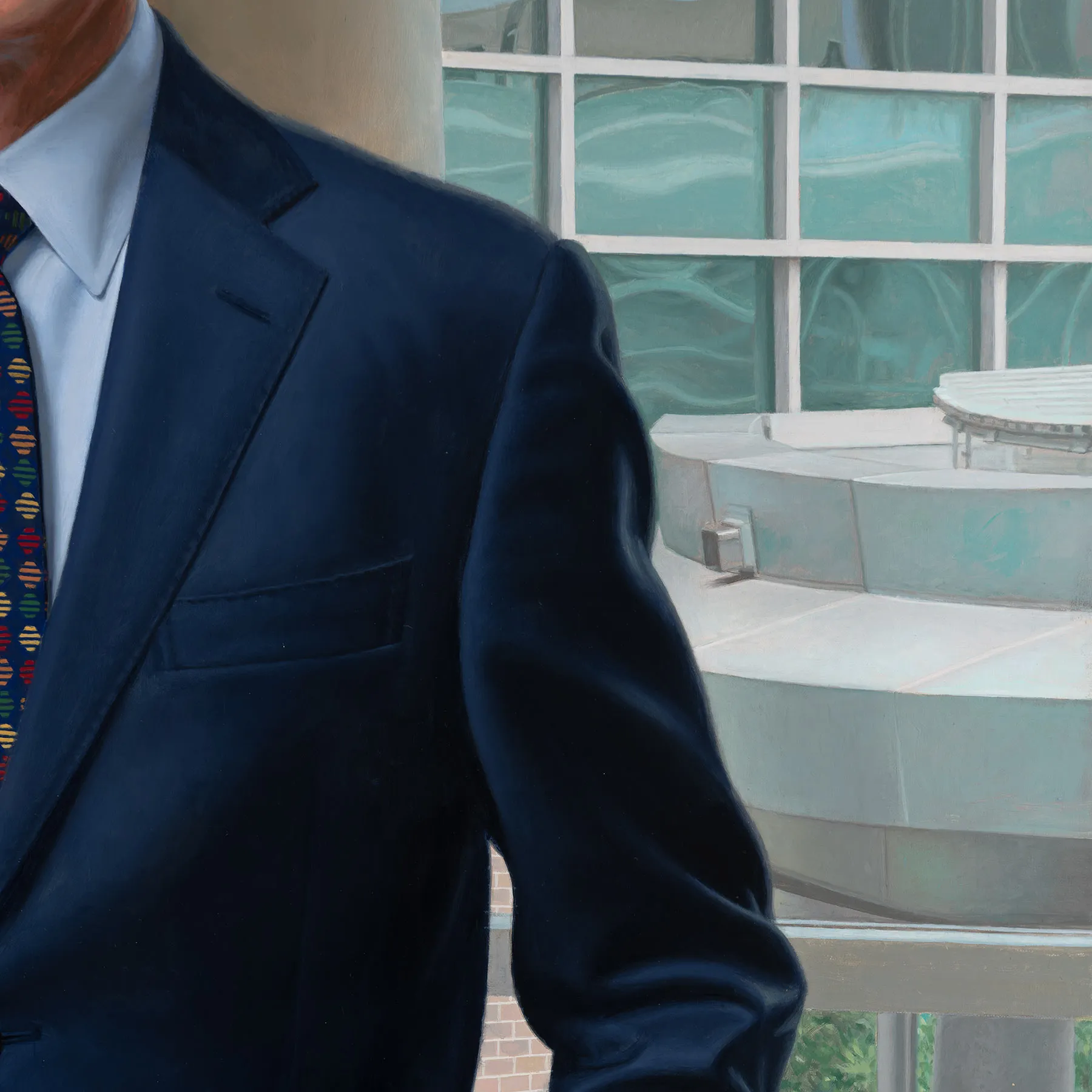 Detail of rooftop equipment and windows behind David S. Guzick in his official oil portrait by Marvin Mattelson.