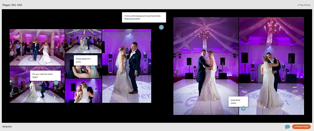 Wedding photo album proof showing a bride and groom dancing in a purple-lit venue with comments for photo edits and layout changes.