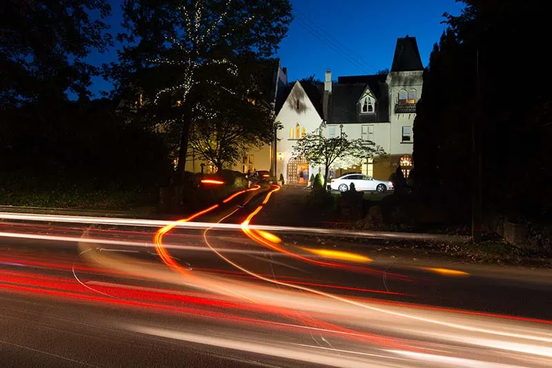 Glen Yr Afon wedding car trails at night