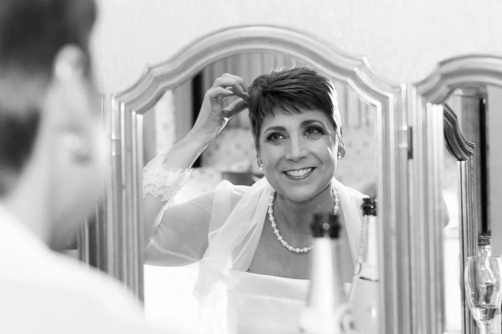 Glen Yr Afon wedding bride in mirror