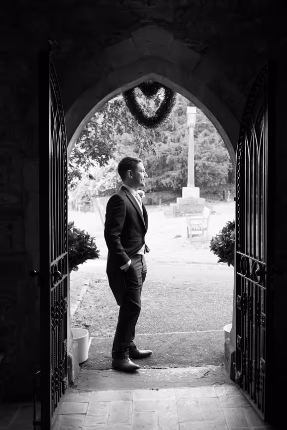 Glen Yr Afon wedding groom waiting at church door