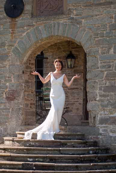Llangoed hall wedding beautiful bride on steps