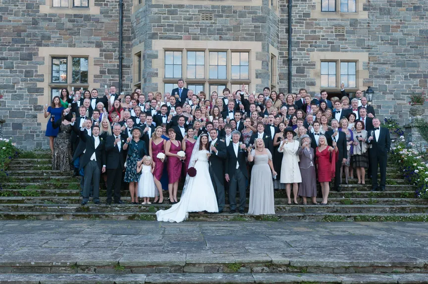 Llangoed hall wedding guests on steps
