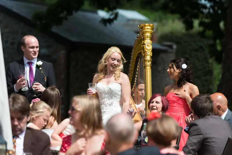 Bride in a white dress and groom in a suit holding glasses at an outdoor wedding reception with guests and a harp in the background.