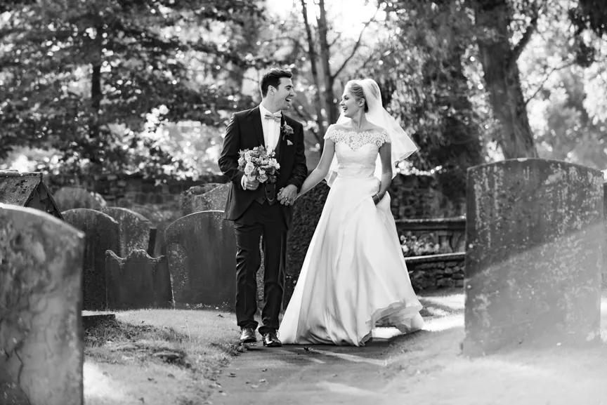 St Tewdrics House wedding bride & groom walking down path