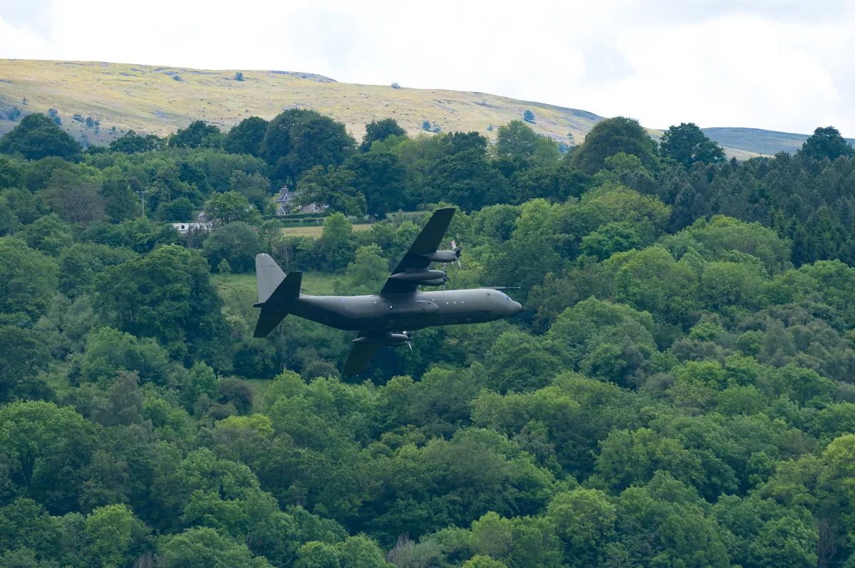 Military cargo airplane flying low over a dense green forest with hills in the background.