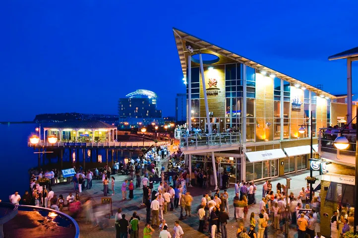 Crowd of people gathered at a waterfront promenade with illuminated buildings and pier during twilight.