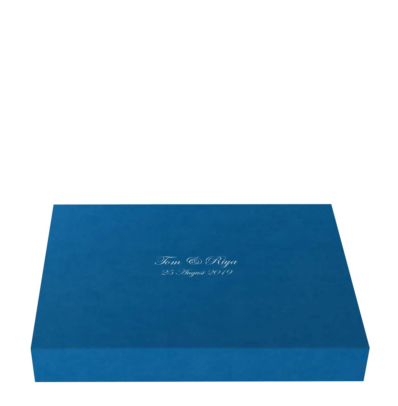 Blue rectangular box with silver script text reading 'Tom & Riya 25 August 2019' on the lid.