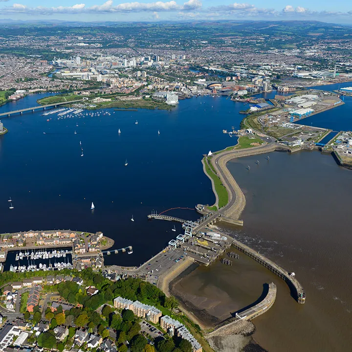 Aerial photograph of Cardiff Bay Barrage by Andrew Hazard, natural wedding photography