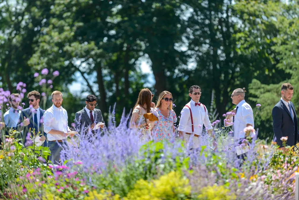 St Tewdrics House wedding guests outdoors