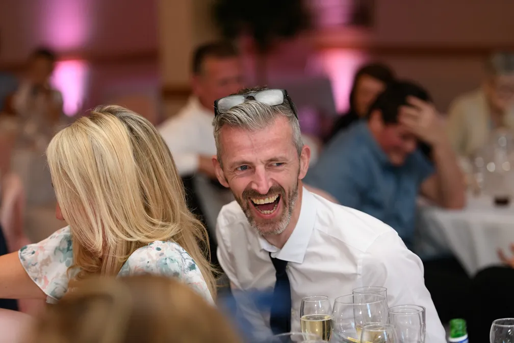 Glen Yr Afon wedding guest laughing
