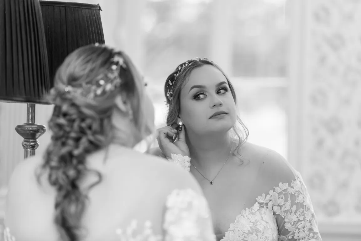 Hensol Castle wedding photographer bride in mirror