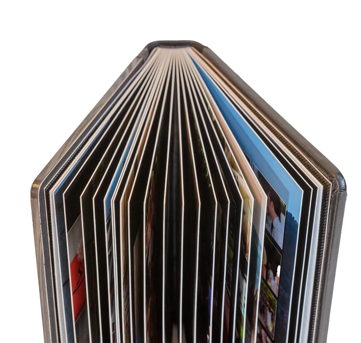 Open photo album with multiple glossy photo pages fanned out vertically.