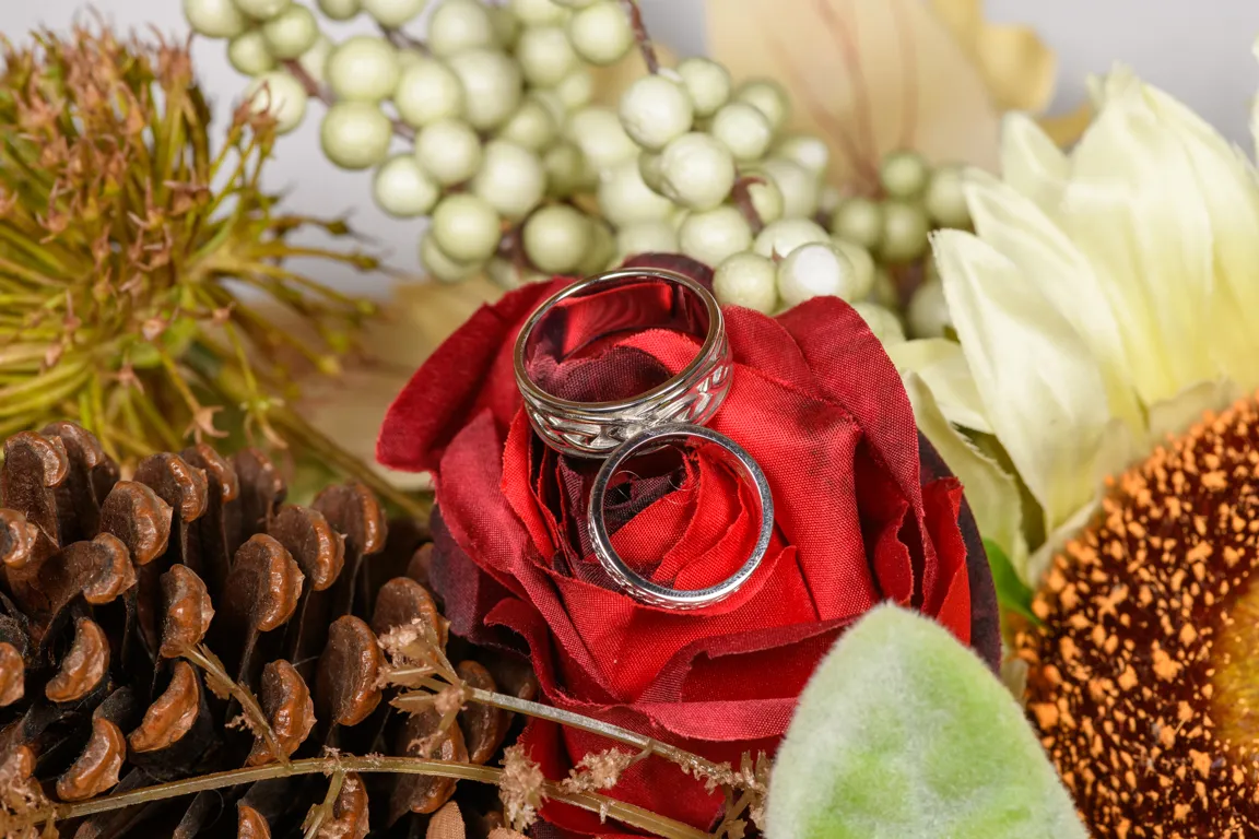 Two silver rings placed on a red fabric rose surrounded by pinecones and artificial flowers.