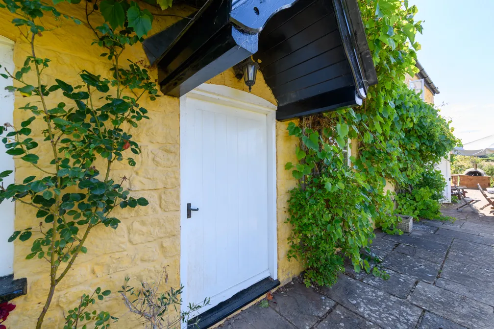 White door set in a yellow stone wall with black wooden overhang, surrounded by green climbing plants and a stone patio.