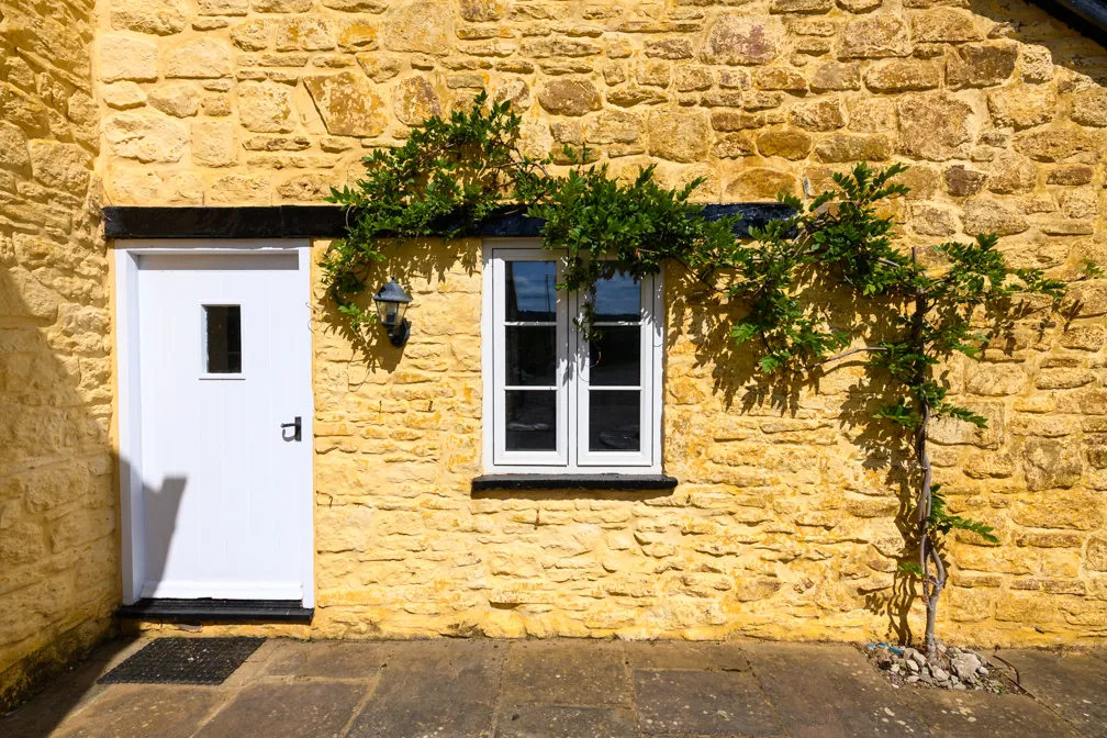 Yellow stone exterior wall of a house with a small white door and window, and a climbing plant growing around the window.