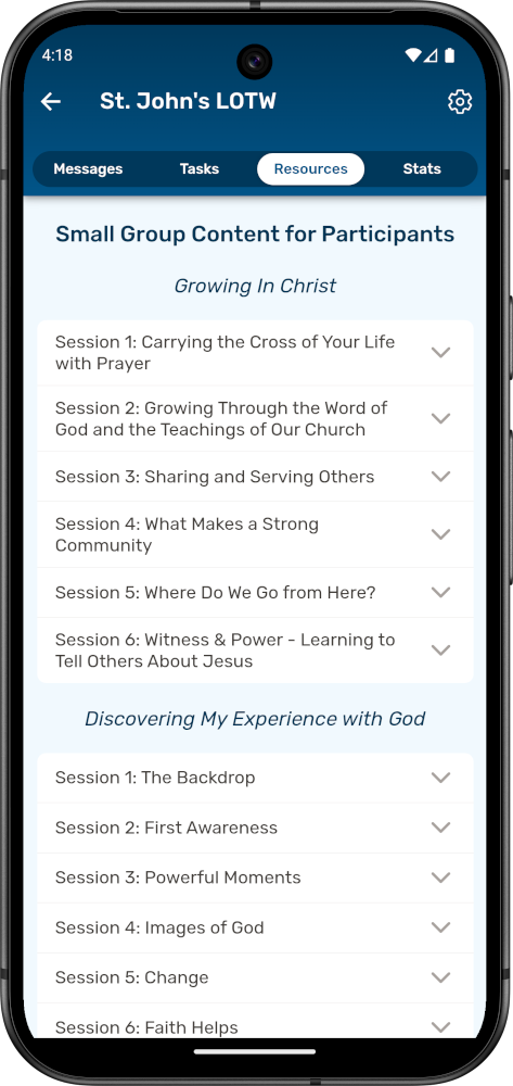 A screenshot of the Discipulus app showing LOTW small group resources under a Community