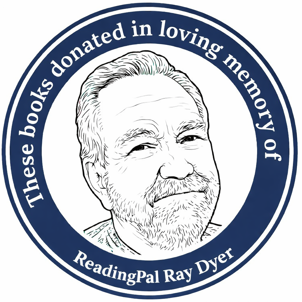 Sketch of an older man with a beard inside a blue circle with the text 'These books donated in loving memory of ReadingPal Ray Dyer'.