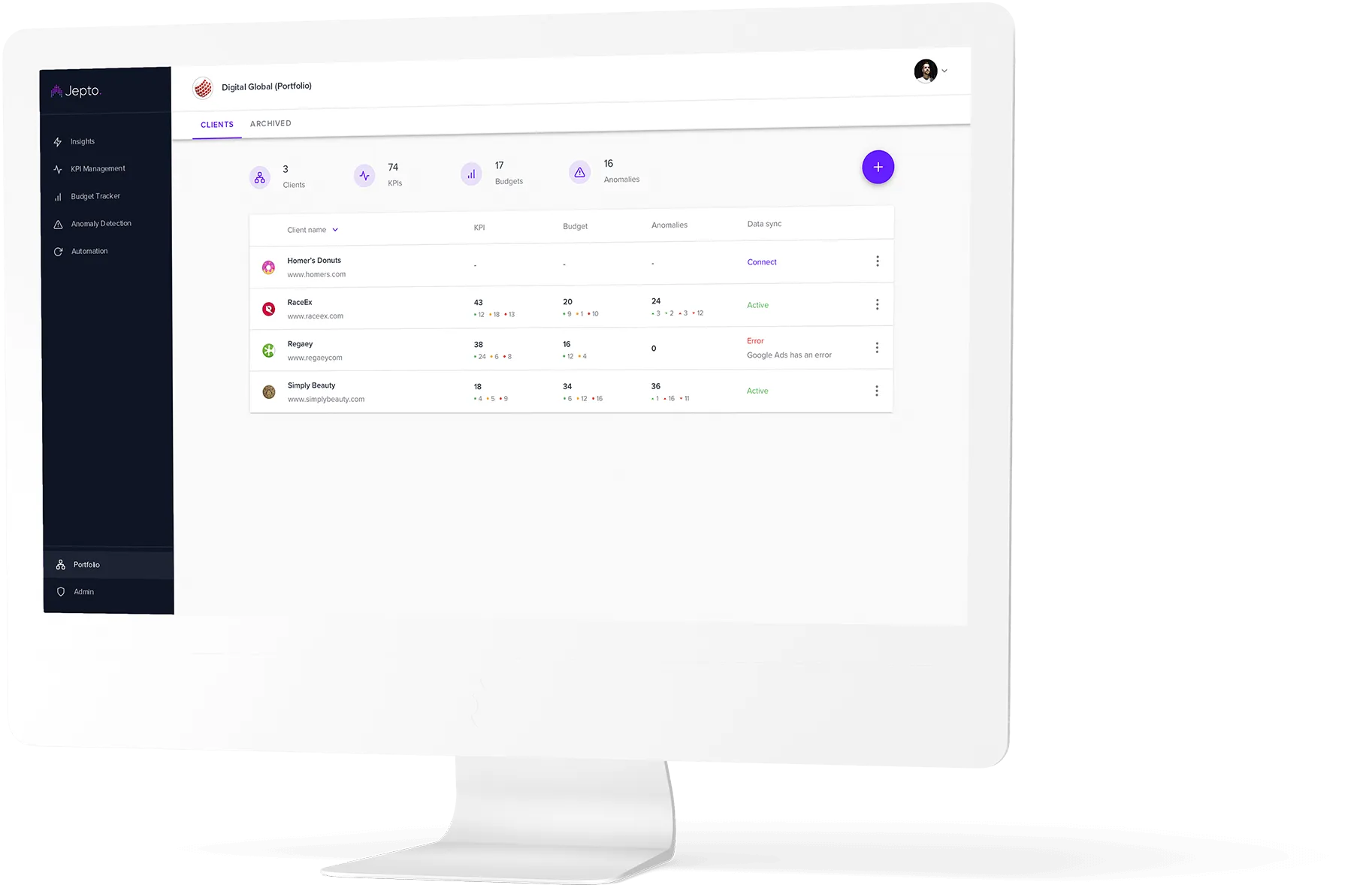 Computer screen showing Jepto dashboard with client portfolio including KPIs, budgets, anomalies and data sync status.
