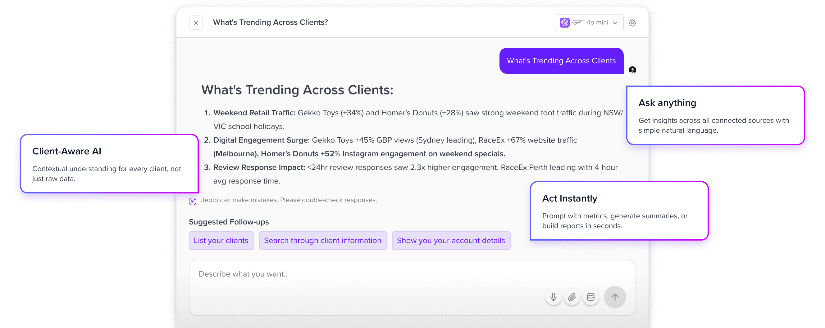 Chat interface titled What's Trending Across Clients showing trends on retail traffic, digital engagement, and review response impact with client-aware AI, instant actions, and natural language insights.