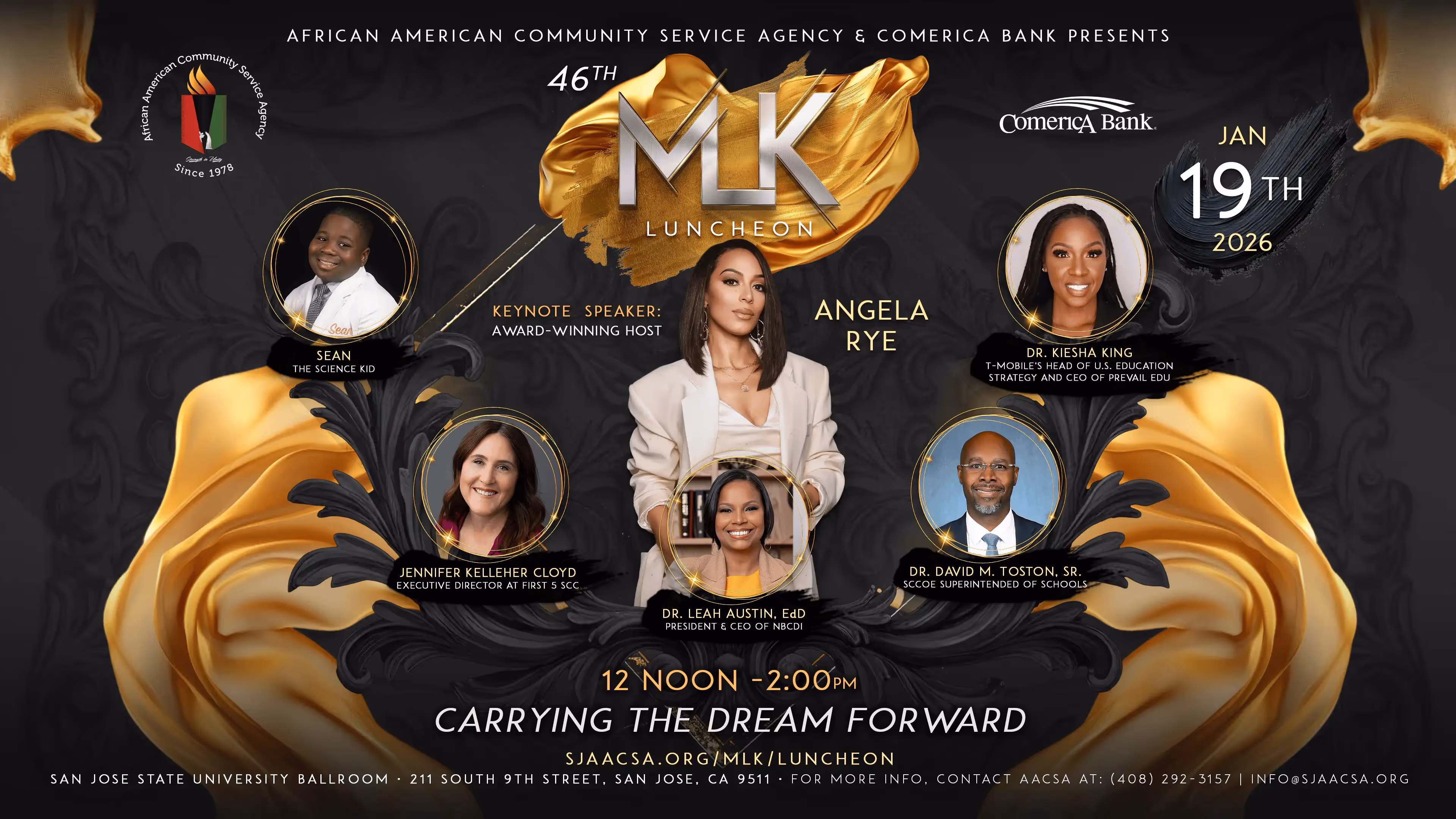 Flyer for the 46th MLK Luncheon on January 19, 2026, featuring keynote speaker Angela Rye and other speakers including Sean the Science Kid, Dr. Leah Austin, Dr. Kiesha King, Jennifer Kelleher Cloyd, and Dr. David M. Toston, Sr., hosted by the African American Community Service Agency and Comerica Bank.