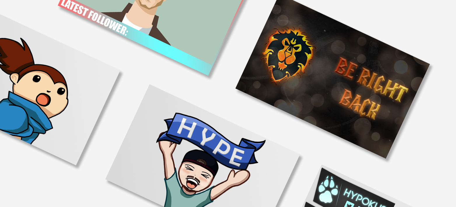 A compiled illustration of a webcam overlay, a fullpage, panel and two emotes