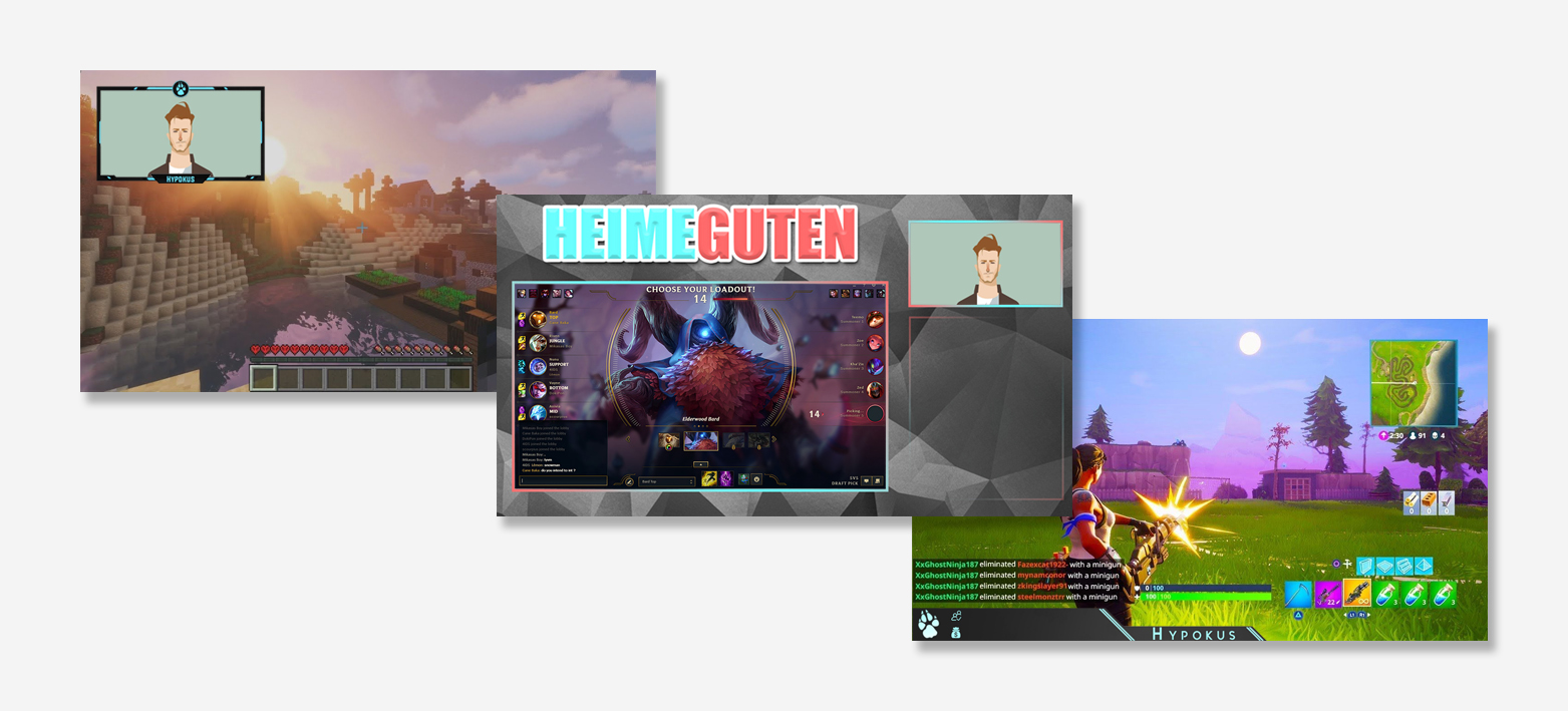 Combined illustration of a webcam overlay, fullpage of an intermission and a standalone unit