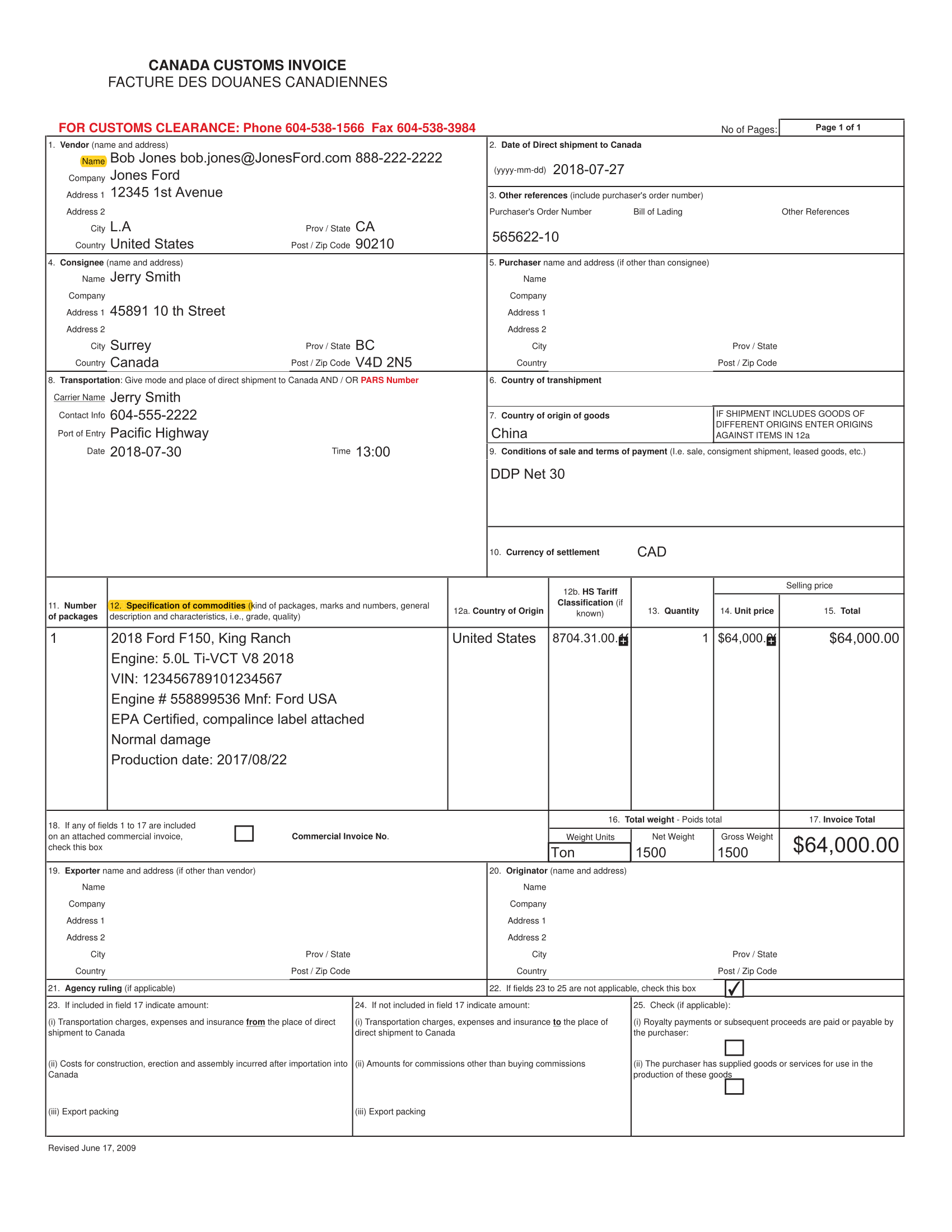 Canada Customs Invoice Example 3