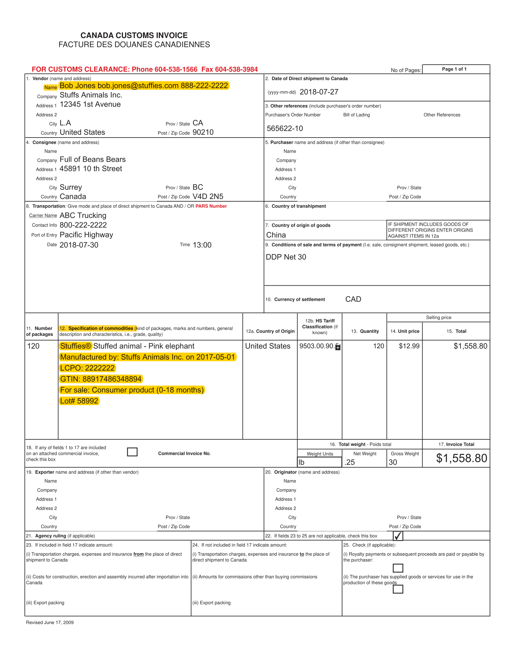 Canada Customs Invoice Example 1