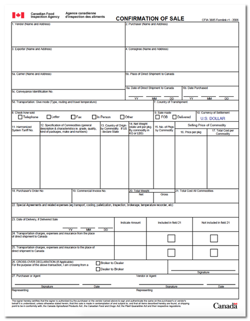 Confirmation of Sale form