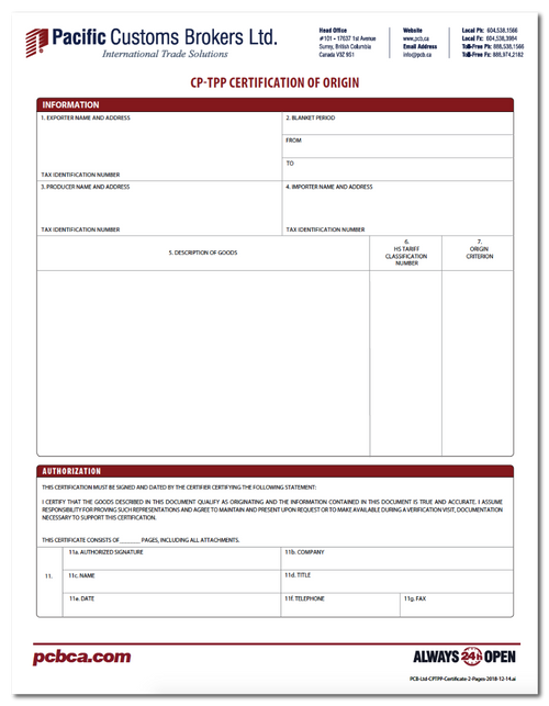 CPTPP Certificate of Origin form